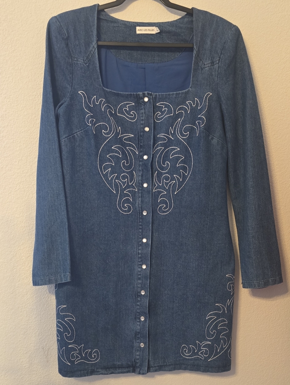 Avec Les Filles Indigo Denim Dress with White Embroidery
